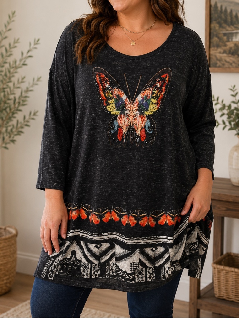 Onque Casuals Black Tunic with Multicolor Butterfly and Orange Border XL